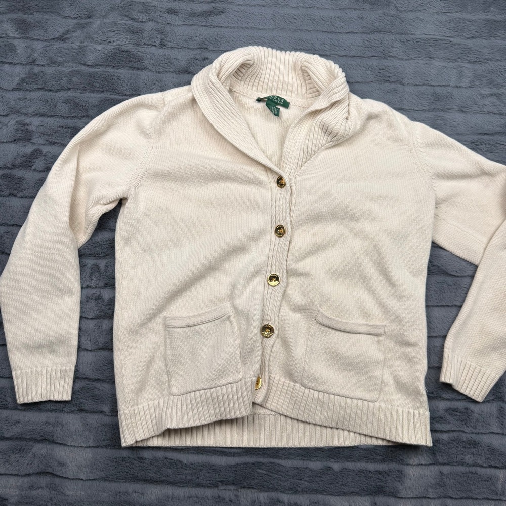 Lauren Ralph Lauren Cream Cotton Shawl Collar Cardigan Gold Crest Buttons XL
